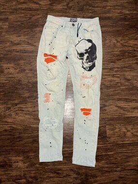 ROCK SALT Skull Distressed Ripped Jeans Mens Sz 30 X 28(measured) Denim Hip Hop